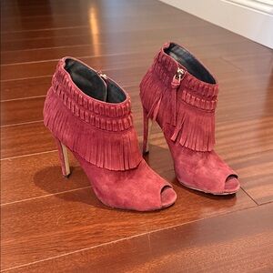 Rebecca Minkoff Red Fringed Peep-Toe Ankle Boots